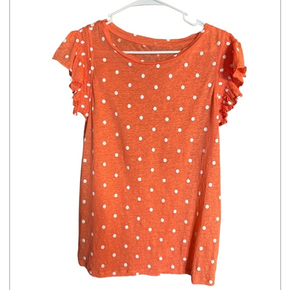 LOFT Orange Polka Dot Linen Flounce Sleeve Top NWOT - Picture 2 of 4